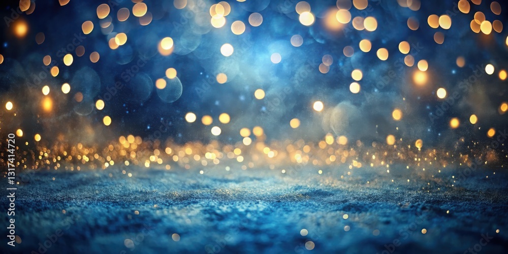Poster Abstract Blue and Gold Bokeh Background with Glowing Lights and Sparkling Glitter
