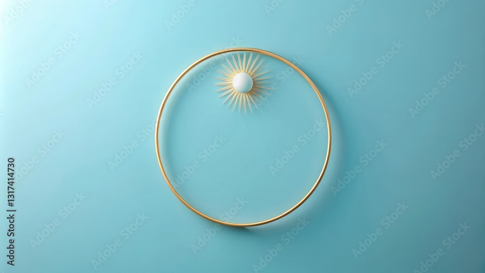 Poster a golden circle frame with a white sphere and gold rays on a turquoise background.