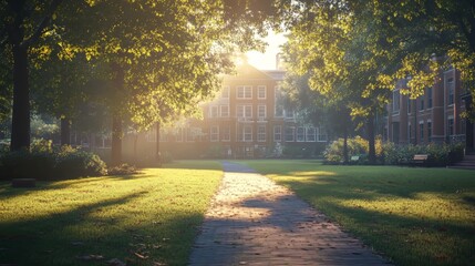 Obraz premium Serene morning light on a tranquil campus pathway surrounded by lush greenery.