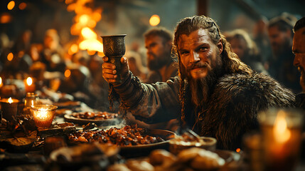 Viking Feast: A rugged Viking chieftain raises a chalice in a toast, surrounded by his clan at a lavish feast, illuminated by the warm glow of candlelight and fire.