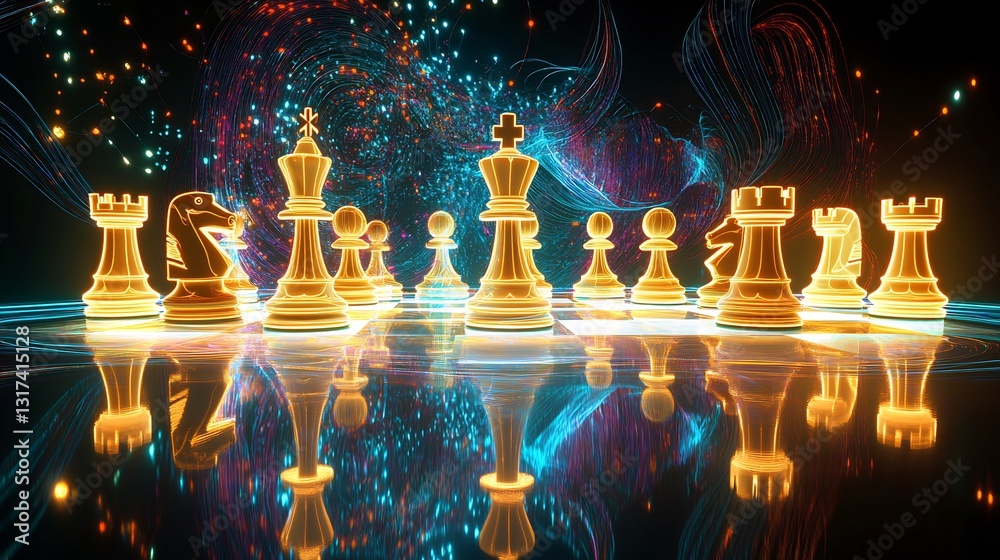 Aufkleber competitive advantage shown illuminated chess pieces a reflective board surrounded by abstract glowi