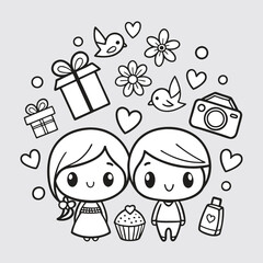 Fototapeta premium Cute Chibi Couple with Love Symbols and Gifts in Black and White Line Art