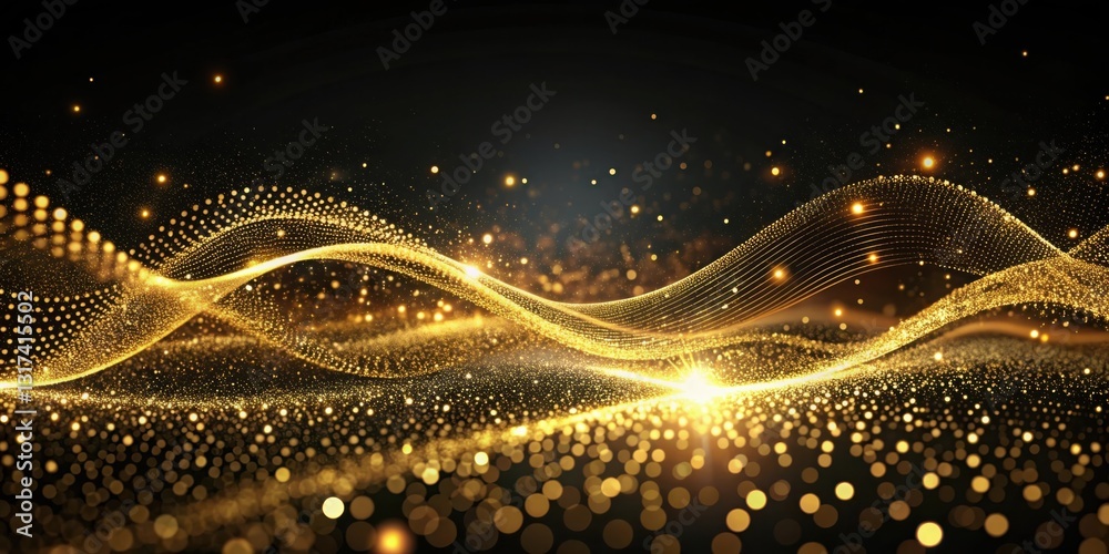 Poster abstract glittering gold wave background with bokeh lights