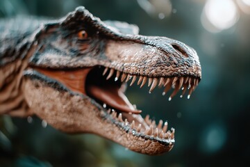 A T-rex roars powerfully with its mouth wide open, displaying many sharp teeth. Rain falls as moonlight illuminates its wet scales. Mist rises from the jungle floor in the background