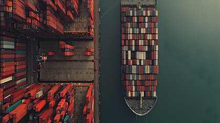 Aerial view of container ship at port, cargo being loaded, harbor background, logistics imagery