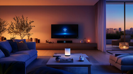 Modern Living Room Interior With Warm Lighting City View and Television at Dusk