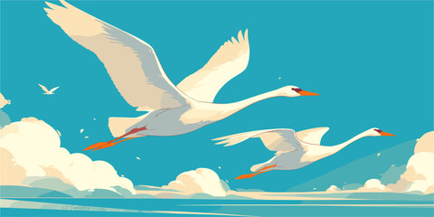 Elegant flat style icons set of flying swans in blue sky - vector illustration.