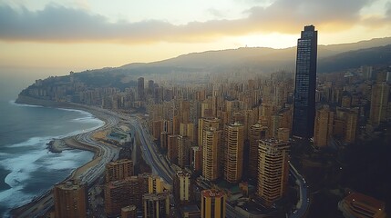 Coastal city skyline at sunset.