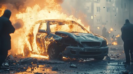Obraz premium A burning car in an urban environment, surrounded by smoke and chaos.