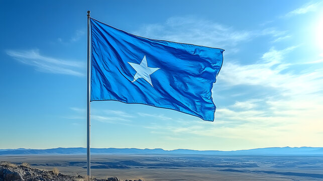 Soaring Somali Star: The flag of Somalia billows proudly against a backdrop of a radiant sun and expansive blue sky, symbolizing national pride.