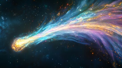 A colorful cosmic comet streaking through a vibrant starry sky.