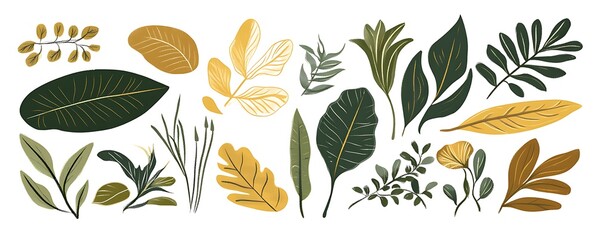 Tropical plants and leaves in gold, green, and brown colors on a white background