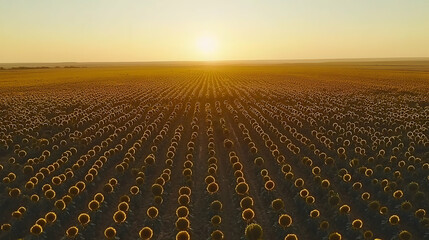 Fototapeta premium Sunset over vast sunflower field, aerial view. Ideal for agriculture, nature, and travel websites