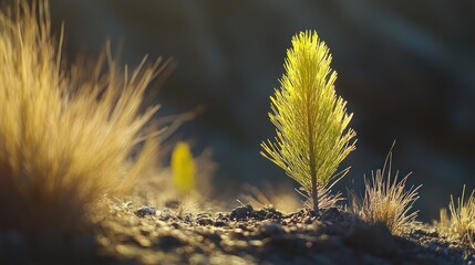 Golden Hour Sapling: A Tiny Pine Tree in the Sunset's Embrace