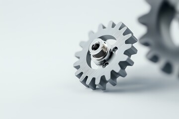 Metal gear wheel with central bearing on white background, shallow depth of field macro photography highlighting industrial mechanical component details.