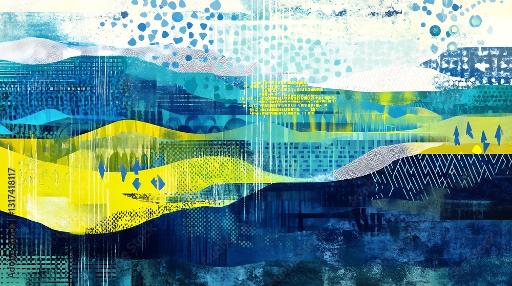Poster conceptual art of corporate social responsibility featuring layered patterns symbolic arrows sustain