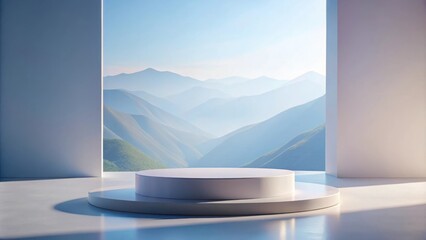 Fototapeta premium A Minimalistic White Platform Showcases a Breathtaking View of Serene Mountains and a Hazy Sky
