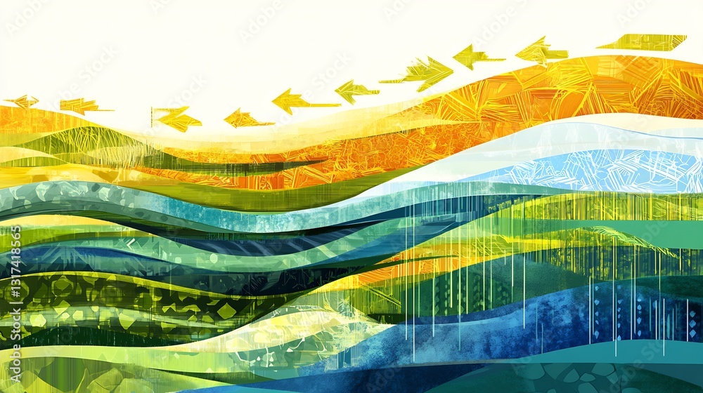 Poster conceptual art of corporate social responsibility featuring layered patterns symbolic arrows sustain