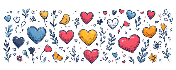 Colorful flat heart and nature icons set - vector style with birds and flowers.