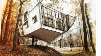 Architectural Blueprint of a Tilted House with Half-Sketched Design