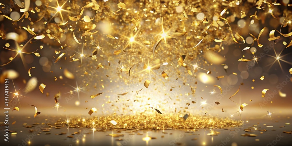 Poster a celebratory scene with golden confetti falling from the sky and sparkling on a shimmering surface