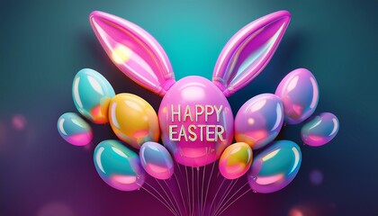 Fototapeta premium A playful 3D Easter design with glossy pastel egg-shaped balloons, fluffy bunny ears peeking from the side, and a vibrant neon-style “Happy Easter” sign glowing against a soft gradient background