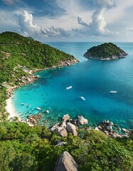Fototapeta premium Generated image Aerial perspective of the Similan Islands with crystal-clear waters and colorful coral reefs