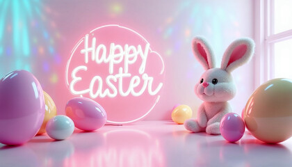 Fototapeta premium A playful 3D Easter design with glossy pastel egg-shaped balloons, fluffy bunny ears peeking from the side, and a vibrant neon-style “Happy Easter” sign glowing against a soft gradient background
