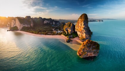 Generated image Drone shot of Railay Beach with golden sands and dramatic karst formations rising above