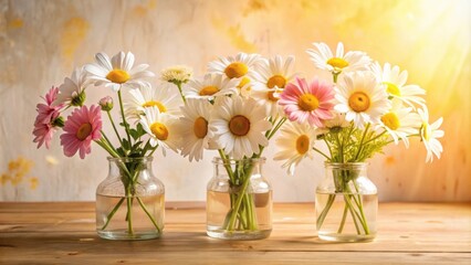 Fototapeta premium Three glass jars filled with delicate white and pink daisies arranged on a rustic wooden surface against a soft, sun-drenched background.