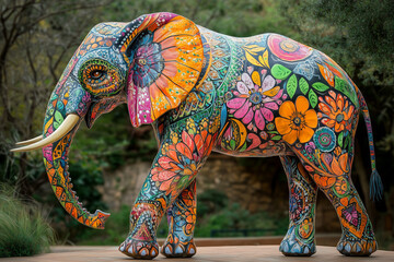 Obraz premium Holi. A majestic elephant with its trunk gracefully curled, covered in vibrant, intricate festival paint patterns