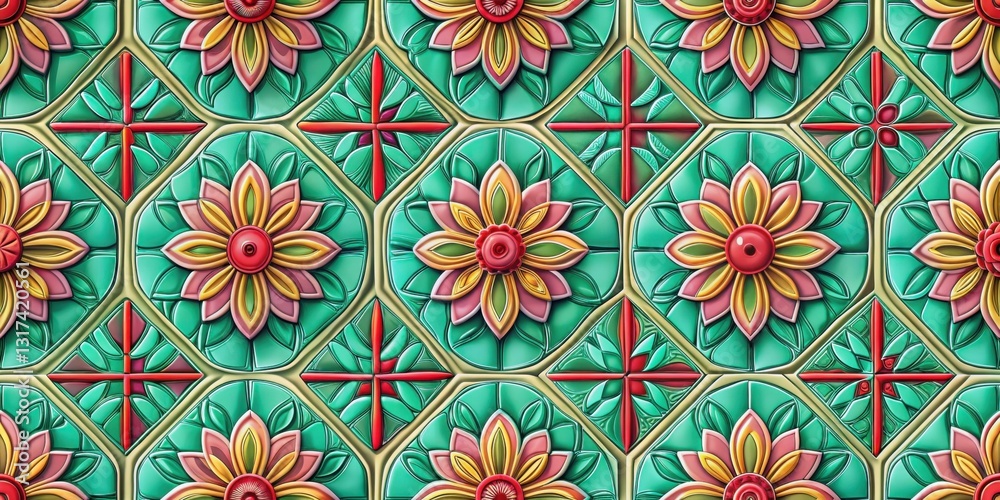 Poster a repeating pattern of intricate floral motifs with a geometric background, featuring raised flower 