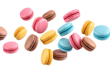 Obraz premium Colorful macarons floating on white background-Assorted colorful macarons in mid-air isolated on a white background. French dessert featuring vibrant pink, yellow, blue, and brown cookies.