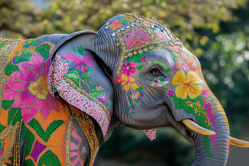 Obraz premium Holi. A majestic elephant with its trunk gracefully curled, covered in vibrant, intricate festival paint patterns