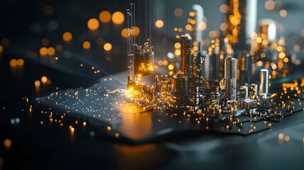 Obraz premium Miniature futuristic cityscape with glowing lights and bokeh effects on circuit board, creating magical technological atmosphere for business concepts.
