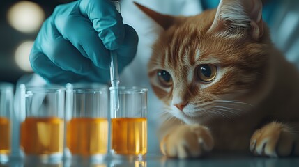 Curious ginger cat watching laboratory test tubes with yellow liquid while scientist in blue gloves conducts medical research experiment in clinic.