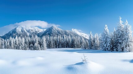 Obraz premium Snow Covered Pine Forest And Mountain Range Under Clear Blue Sky