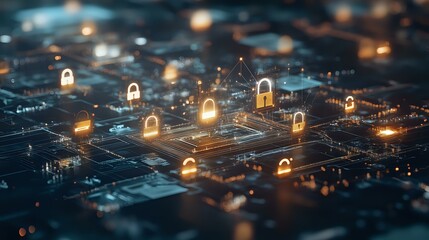 Glowing padlock icons on circuit board pattern representing cybersecurity, data protection and encryption technology in dark blue tones with bokeh effect.