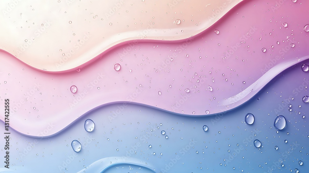 Poster smooth gradient waves in pastel pink and blue tones with water drops creating dynamic flowing patter