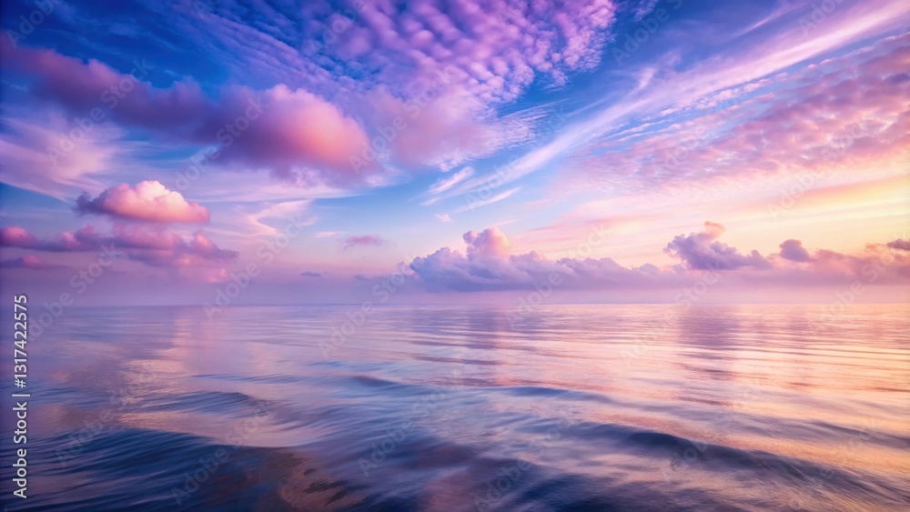 Poster a pastel sky with cotton candy clouds reflects in the rippling surface of the ocean, creating a sere