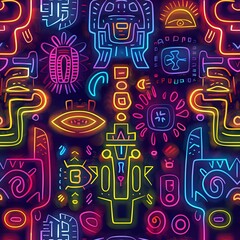 Obraz premium Vibrant neon tribal symbols and mystical elements form seamless pattern on dark background. Ancient glowing signs create psychedelic abstract composition for modern design.