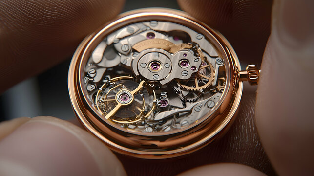 Close-up of intricate watch mechanism held between fingers, showcasing craftsmanship and precision.  Use advertising luxury watches