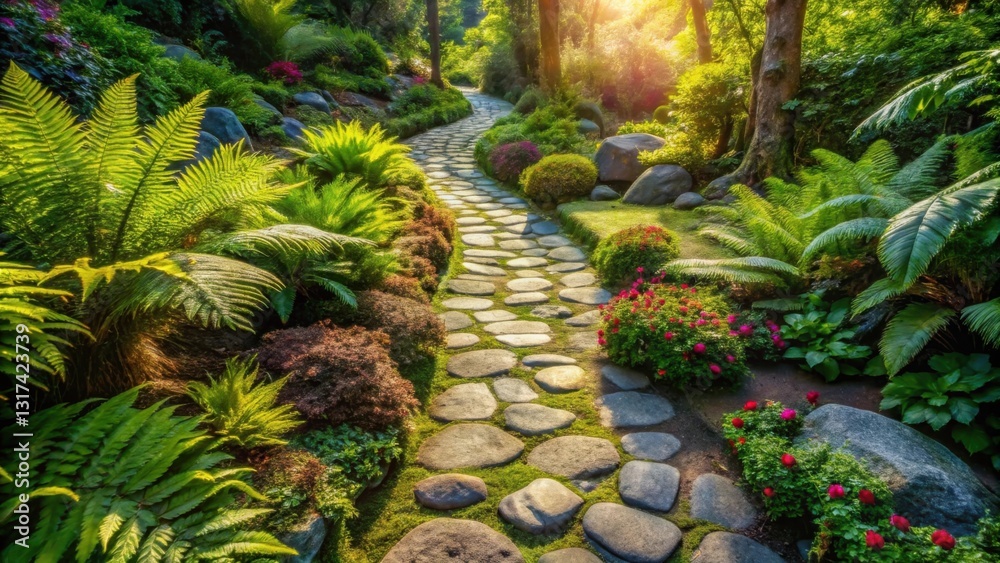 Poster a winding stone path through a lush garden, bathed in the golden glow of the setting sun, leading to
