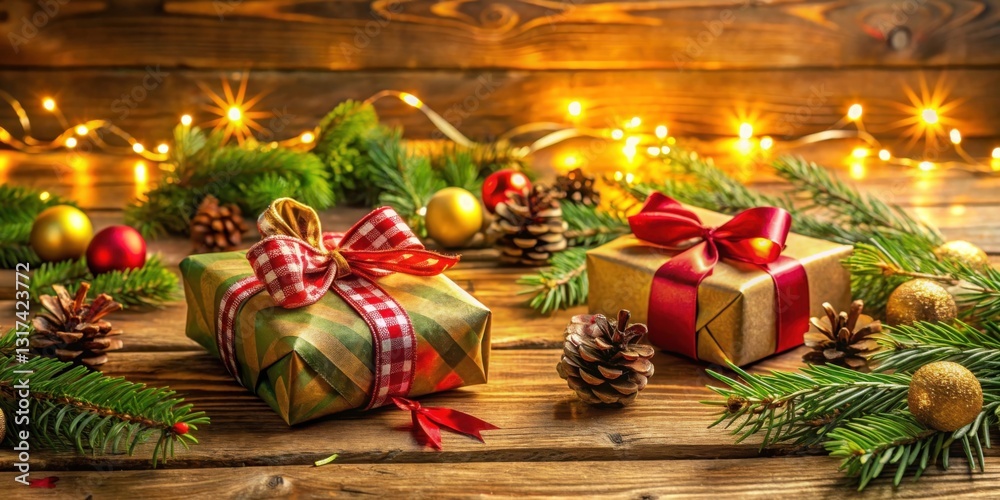 Aufkleber wrapped gifts with red bows resting on a rustic wooden table with festive evergreen branches and spa
