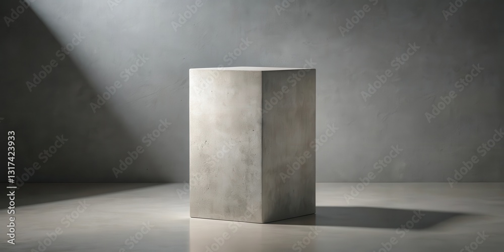 Poster A simple, minimalist concrete pedestal with a subtle gray texture, illuminated by a diagonal ray of light, rests on a light gray surface, creating a striking contrast and a sense of space.