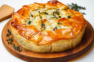Bakery .Home made cheese pie with phyllo pastry and organic eggs. Bulgarian banitsa