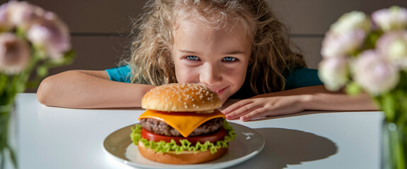 Naklejka premium Girl with blond hair smiles at cheeseburger on plate White table Flowers in background Food photography