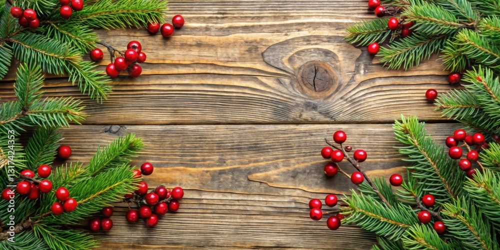 Poster a festive winter scene with fresh pine branches and bright red berries scattered on a rustic woodgra