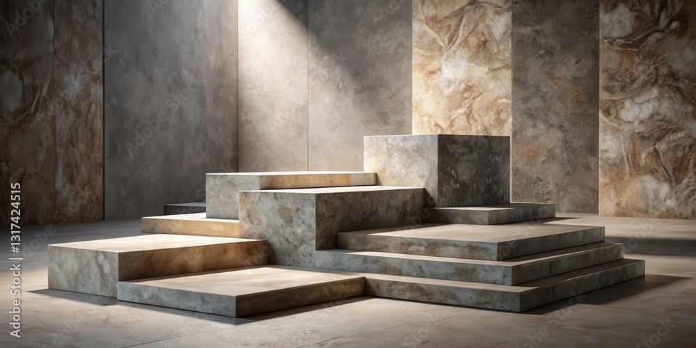 Poster A rustic and modern concrete podium with a textured background and a dramatic light beam for product display