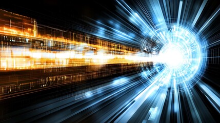 Abstract digital data stream, glowing light streaks and circle.